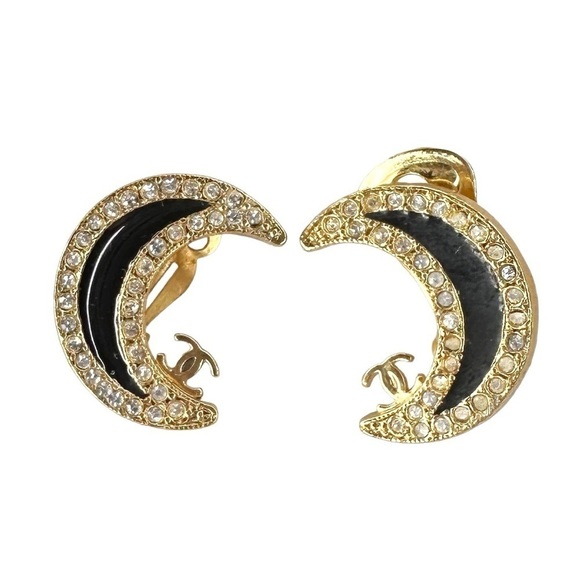 RARE Authentic CHANEL Gold & Black Crystal Crescent Moon CC Clip On Earrings - Picture 12 of 16